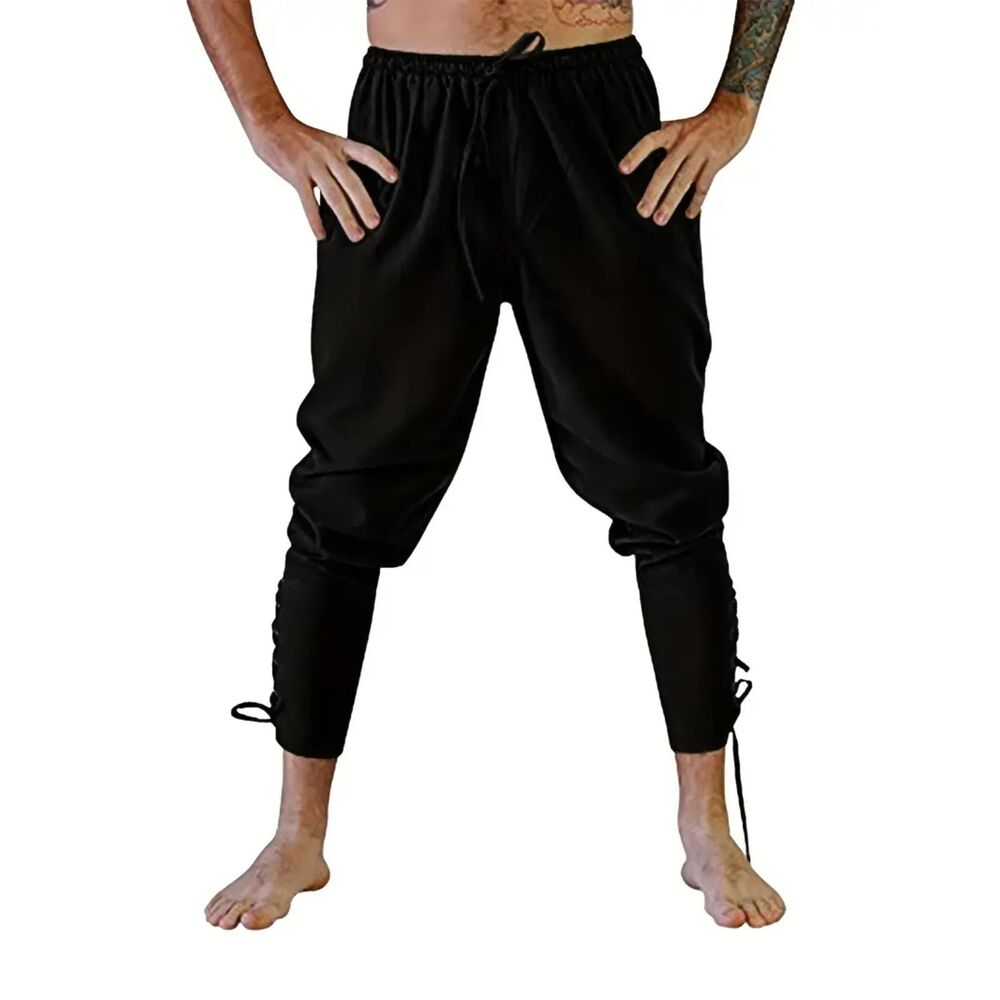 Cotton & Linen Lace Up Bottom Medieval Cosplay Pirate Pants black XXL US 38